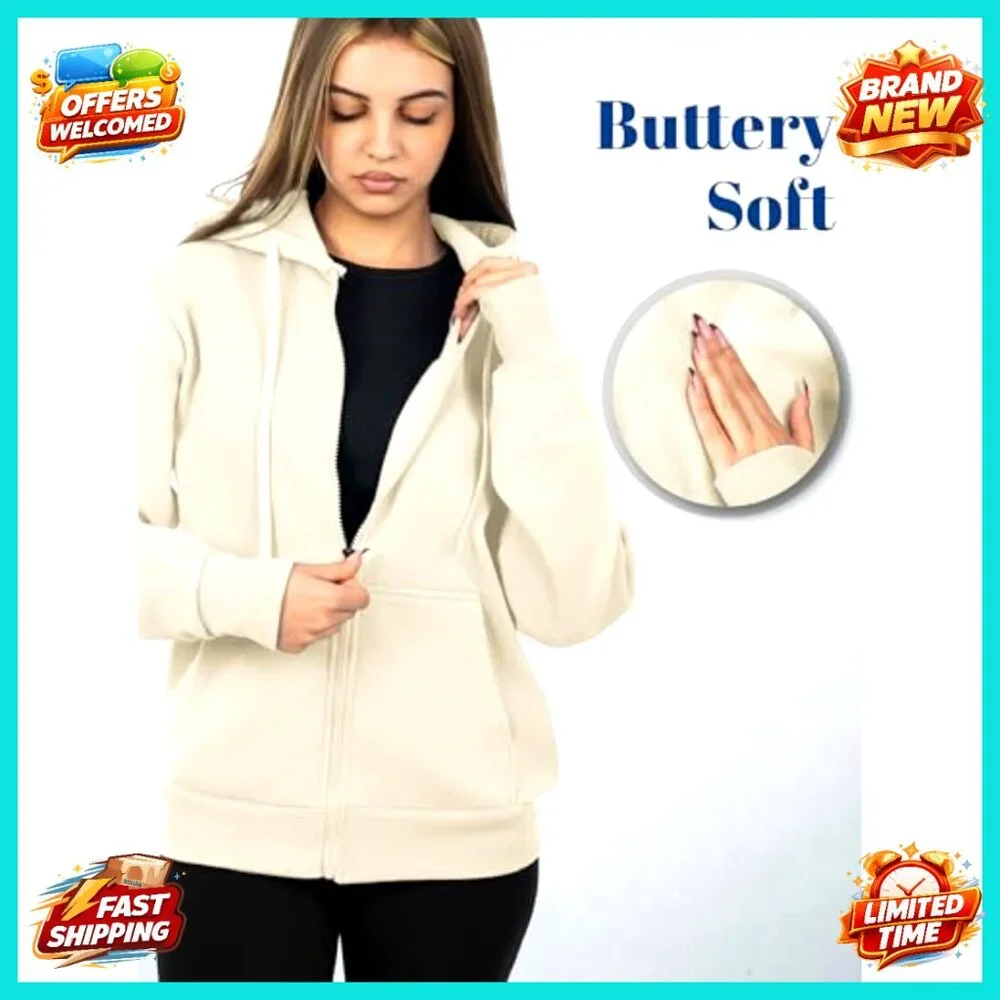 Oversized Fleece Zip Hoodie Women's Cozy Full Zip Sweatshirt Soft Cotton Blend